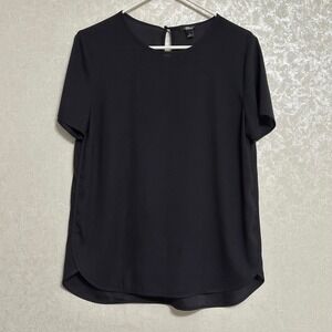Ann Taylor Short Sleeve Keyhole Back Blouse Curved Hem Navy Blue Minimalist M
